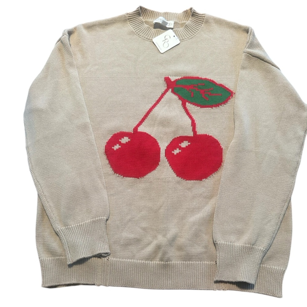 Cherry Sweater Cream Knit Distressed 100% Cotton S/M NWT Slouchy Indie Retro